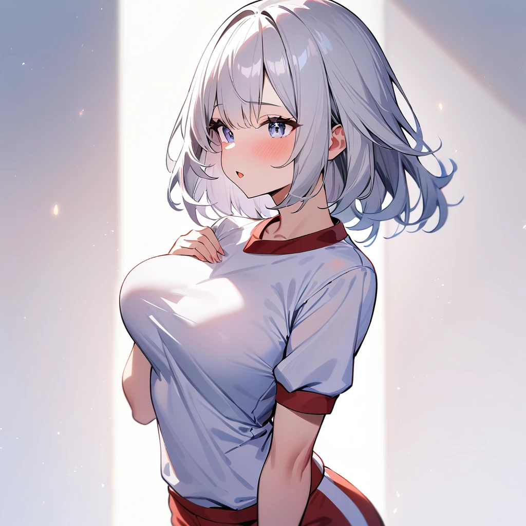 1 girl,gym_uniform,White,White shirt,masterpiece, best quality, very aesthetic, absurdres,breasts,tight skin,impossible shirt