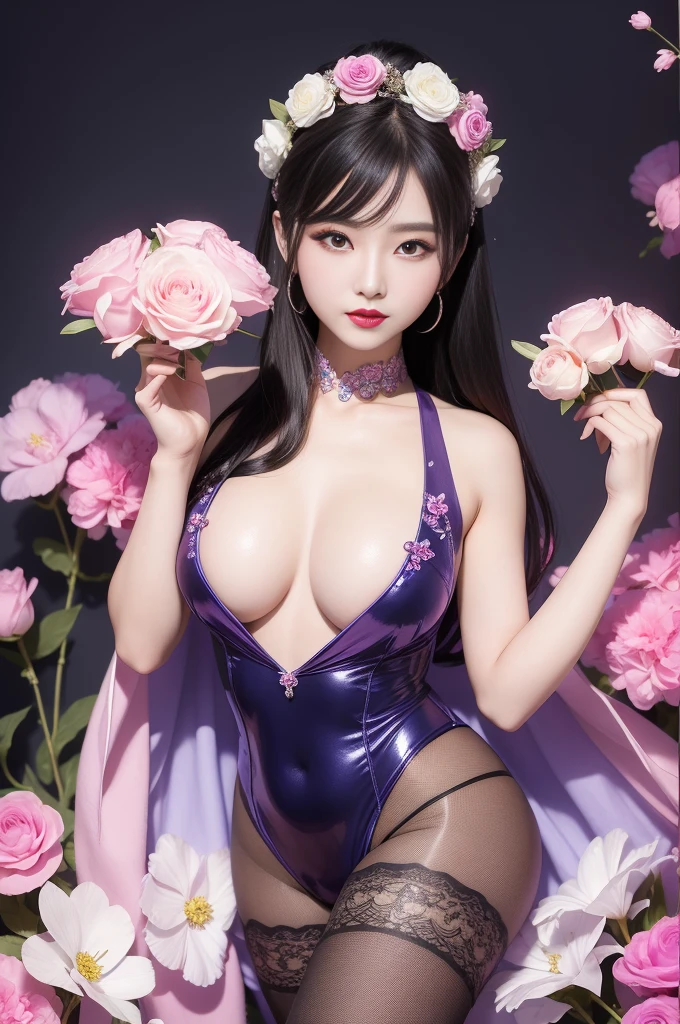 sexy Korean model who controls poison、beautiful smile、lipgloss、bold lipstick、intense makeup、look at the camera、full body Esbian、、sparkling poisoned flower costume、、、、sparkling Colorful hair、secrete poison、skull hair accessories、sexy tights、shiny sparkling flowers background