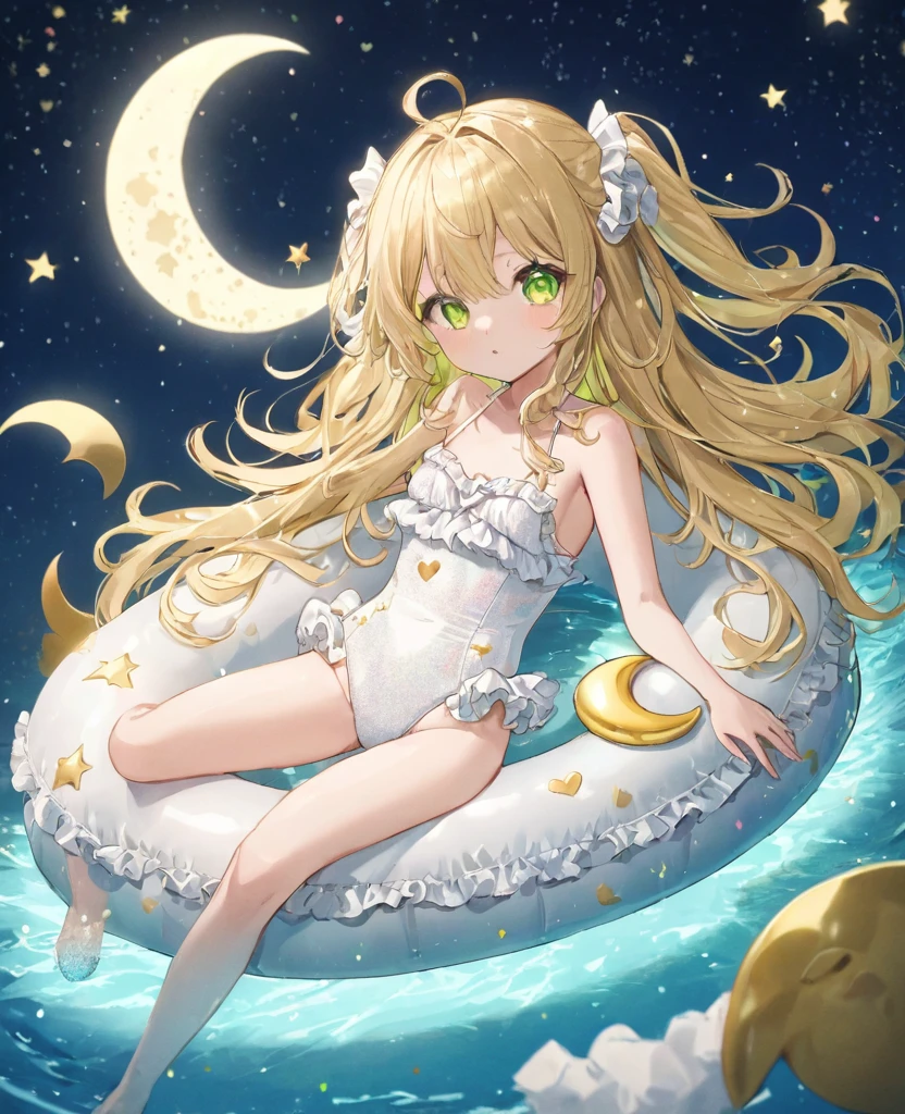 (masterpiece, best quality:1.2), (absurdres, highres, ultra-detailed), (perfect anatomy), 
Beautiful woman、Night Pool、Riding on a cute float、Blonde、Fluffy longhair、Yellow-green eyes、Background glitter、night、Crescent Moon、heart、White frilly swimsuit

(8K, RAW photo:1.2),detailed face and eyes,intricate detail ,masterpiece ,sharp focus, high quality,BREAK,rating: general, newest