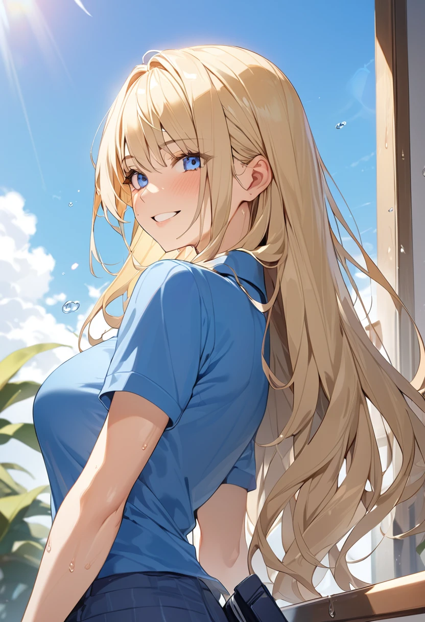 (Highest quality、Very detailed、Ultra-high resolution) 、(1 girl、17 years old、Mature), blue eyes、smile、((Blonde))、Semi-long hair、Beautiful breasts、blue sky、White T-shirt、Denim shorts、Sweat、