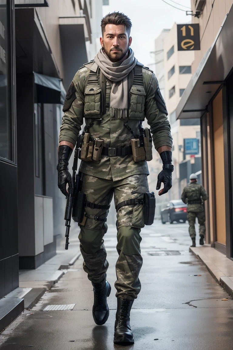 1 man, 35-year old, character of the game Cal of Duty Modern Warfire, wearing light grey jacket, (camouflage white scarf), armored vest, black half-gloves, sneaky, unshaved, (free hands:1,2), (full length:1.3), warzone