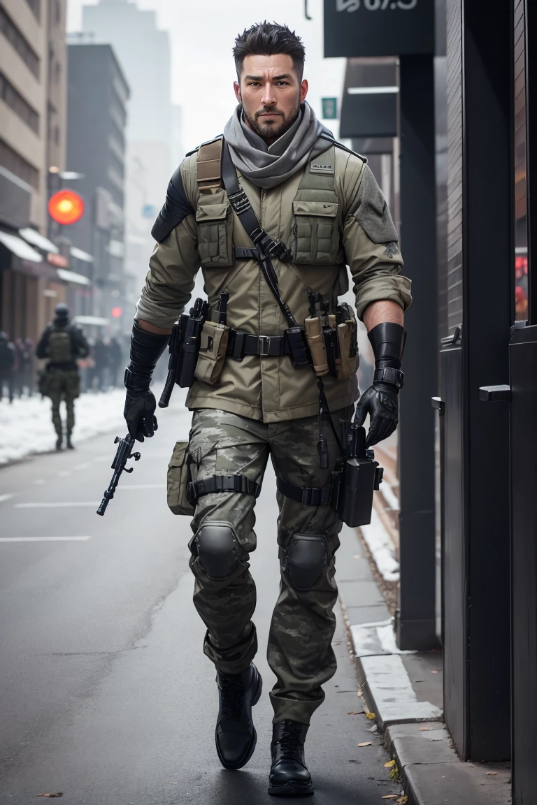 1 man, 35-year old, character of the game Cal of Duty Modern Warfire, wearing light grey jacket, (camouflage white scarf), armored vest, black half-gloves, sneaky, unshaved, (free hands:1,2), (full length:1.3), warzone