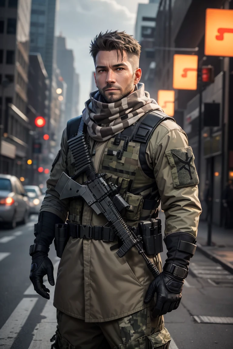 1 man, 35-year old, character of the game Cal of Duty Modern Warfire, wearing light grey jacket, (camouflage white scarf), armored vest, black half-gloves, sneaky, unshaved, (free hands:1,2), (full length:1.3), warzone