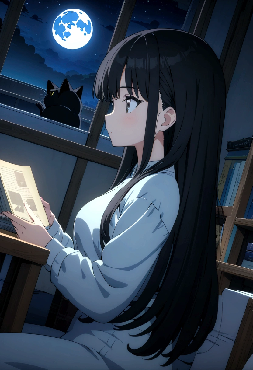 ((Beautiful)) ((masterpiece)) ((anime style)) women, black hair, long hair, black eyes, Reading books, clean room, sitting near window, cat on table, moon, ((night)), 8k, ultra HD, (((side angle shot)))