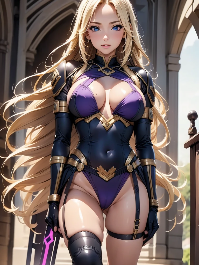 nsfw,panty shot,Master piece,best quality,ultra-detailed,valkyrie,very long hair,blonde hair,(1 girl),beautiful girl,beautiful mature face, ((cameltoe)),garter belt,seductive young woman,female focus,beautiful breasts,full body,(perfect body),standing, ((red and purple cyber suit)),miniskirt,((see through)),underboob, (blonde single braid),big bright green eyes, glowing eyes, (beautiful detailed eyes), cute,cool,pale skin,lips, (holding ornate longsword),fantasy cathedral, seductive and confident smile,(aroused),black Choker with chains,sweat,stand,open legs,fighting stance,open mouth,blending sci-fi and fantasy elements,(hair, realistic:1)