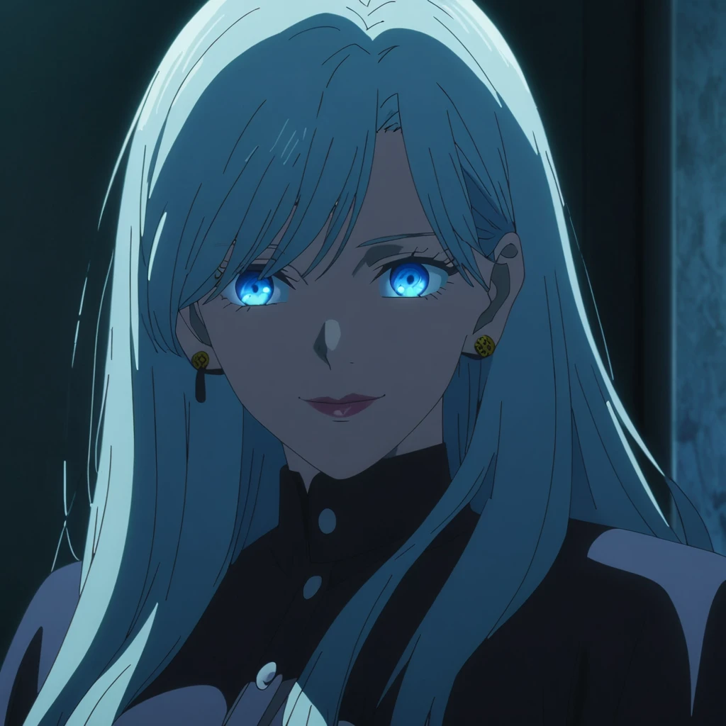 1girl, female gojo satoru, anime screencap from jujutsu kaisen, gojo satoru female version, solo, medium_hair, ((Blue universal eyes)) ((straight Silver_hair)), night view, (hanging breasts) upper_body, smile, indoors, book, Blue_eyes, lips, (swept bangs) ((wearing black colour outfit with button)) breast, "very detailed and high resolution" (Blue eyes) (cross arms) ((long straight hair)) ((solo)) (front view) (earings) ((high resolution)) ((good quality)) ((swept bangs))