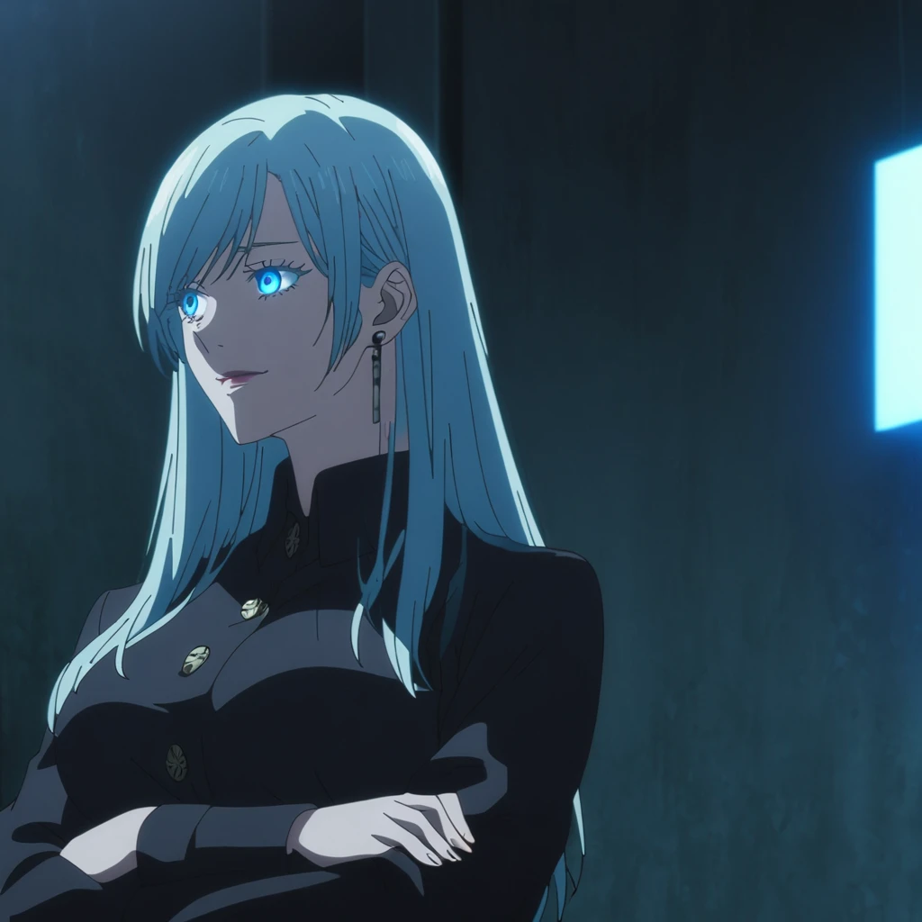 1girl, female gojo satoru, anime screencap from jujutsu kaisen, gojo satoru female version, solo, medium_hair, ((Blue universal eyes)) ((straight Silver_hair)), night view, (hanging breasts) upper_body, smile, indoors, book, Blue_eyes, lips, (swept bangs) ((wearing black colour outfit with button)) breast, "very detailed and high resolution" (Blue eyes) (cross arms) ((long straight hair)) ((solo)) (front view) (earings) ((high resolution)) ((good quality)) ((swept bangs))