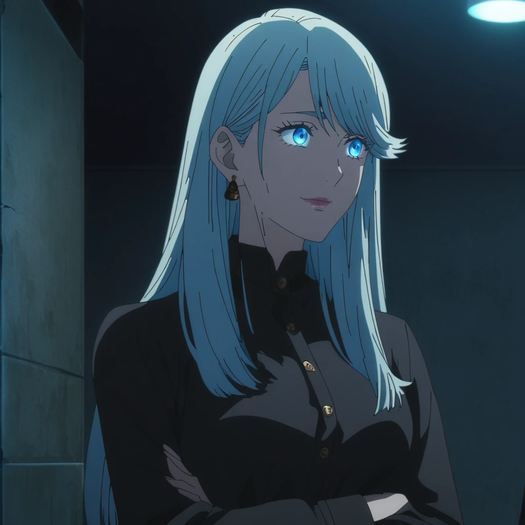 1girl, female gojo satoru, anime screencap from jujutsu kaisen, gojo satoru female version, solo, medium_hair, ((Blue universal eyes)) ((straight Silver_hair)), night view, (hanging breasts) upper_body, smile, indoors, book, Blue_eyes, lips, (swept bangs) ((wearing black colour outfit with button)) breast, "very detailed and high resolution" (Blue eyes) (cross arms) ((long straight hair)) ((solo)) (front view) (earings) ((high resolution)) ((good quality)) ((swept bangs))