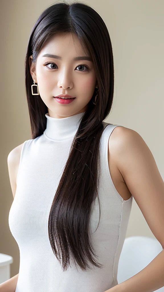 Normal chest,cute,White furniture,(Detailed face),A silky grey sleeveless turtleneck outfit,4K,Ultra-high resolution,(Photorealistic:1.7),Black long hair,