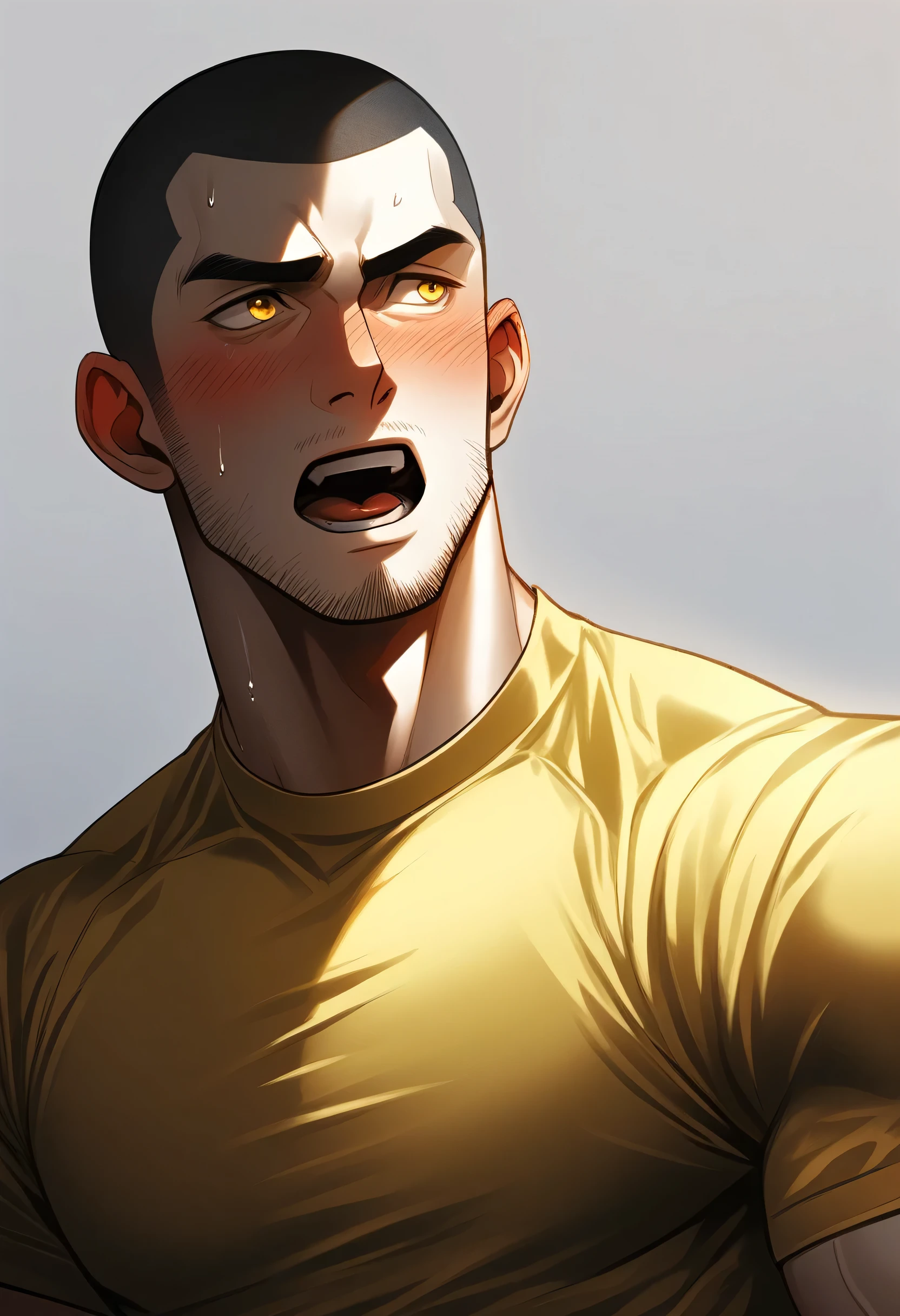 1muscular sportsman, Athlete，male focus, Buzz Cut, Yellow and black tight T-shirt, one ,Very tight, muscular male, muscular, only, Upper body, alone, look to the side, short hair, stubble, sweat, black hair, Yellow eyes, open lips, White background, simple background, amazing quality, best aesthetics, Ridiculous, crew cut, moaning, blush, clair obscur, cinematic lighting, best quality, textured skin