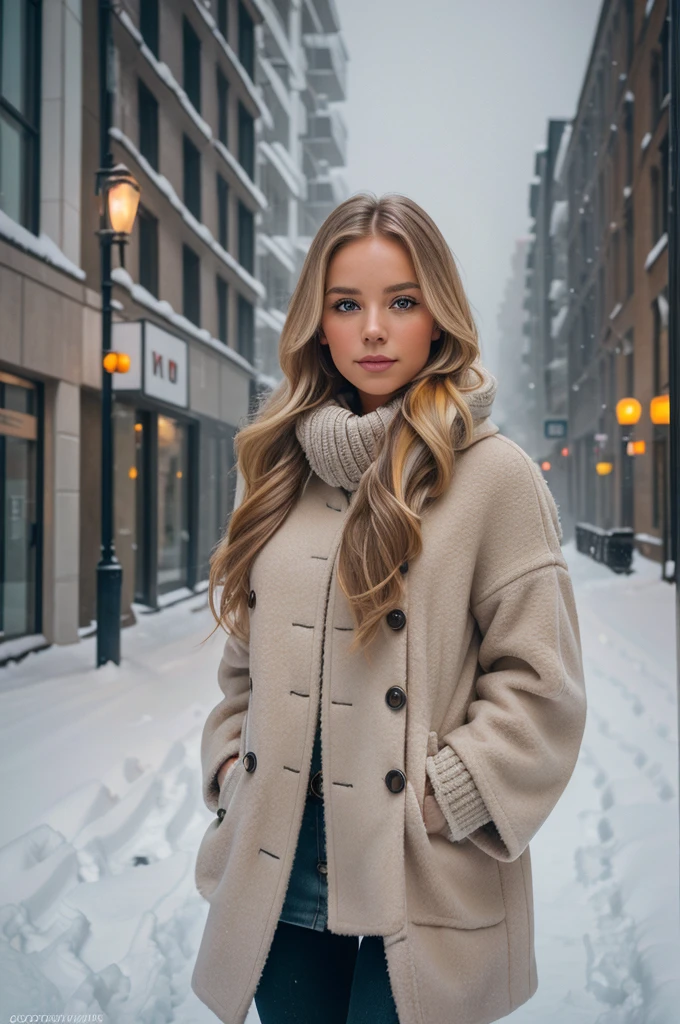 professional portrait photograph of a gorgeous Norwegian girl in winter clothing with long wavy blonde hair, sultry flirty look, gorgeous symmetrical face, cute natural makeup, wearing elegant warm winter fashion clothing, ((standing outside in snowy city street)), stunning modern urban environment, ultra realistic, concept art, elegant, highly detailed, intricate, sharp focus, depth of field, f/1. 8, 85mm, medium shot, mid shot, (((professionally color graded))), bright soft diffused light, (volumetric fog), trending on instagram, hdr 4k, 8k