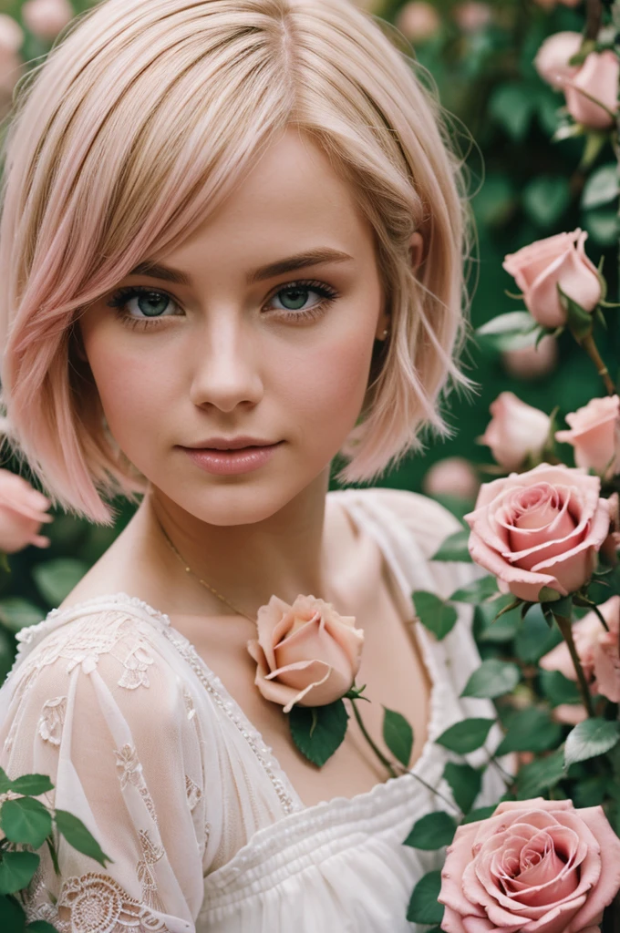 8k, RAW photo, Fujifilm, style photo of a beautiful young woman as avril in a garden of light pink roses (highly detailed skin: 1.2) Style-Petal BREAK short hair, blonde hair with colored locks, wearing a dress, film granulation, 35mm, cute style