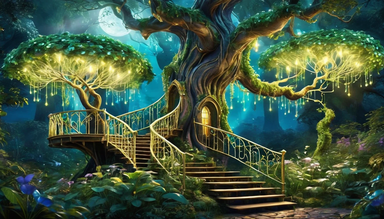 (Enchanted twilight forest, ancient trees, bioluminescent flora:1.5), An elven treehouse intricately crafted (best quality, 8K, advanced resolution, masterpiece:1.2) with hyper-realistic details (1.4x realism, photorealistic: 1.37). This mystical forest is illuminated by glowing plants and magical fireflies, creating an ethereal and serene ambiance. The treehouse, blending seamlessly with its surroundings, features spiral staircases and delicate, vine-wrapped balconies. The artwork combines elements of fantasy and realism, using a dreamy color palette of deep blues, purples, and emerald greens. Gentle moonlight filters through the canopy, casting soft shadows that add an otherworldly glow to the scene. Each element is meticulously rendered, resulting in a captivating and magical masterpiece that transports viewers to an enchanted forest deep within a dense, ancient woodland.