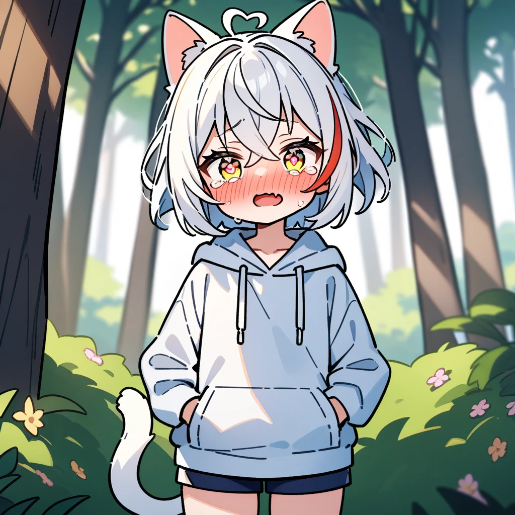 （masterpiece：1.2，high quality），8K，High resolution，A seven-year-old boy，cute boy，white hair，streaked hair，short hair，crossed bangs，light yellow eyes，（（heart-shaped pupils）），heart-shaped eyes，heart ahoge，cat ears，full-face blush，tears，skin fang，Halation，Wearing a white hoodie，Dark blue shorts，Stand in the forest，There are flowering trees on both sides.，primary school student，thigh，alone，cat tail，（Put your hands in your pockets）