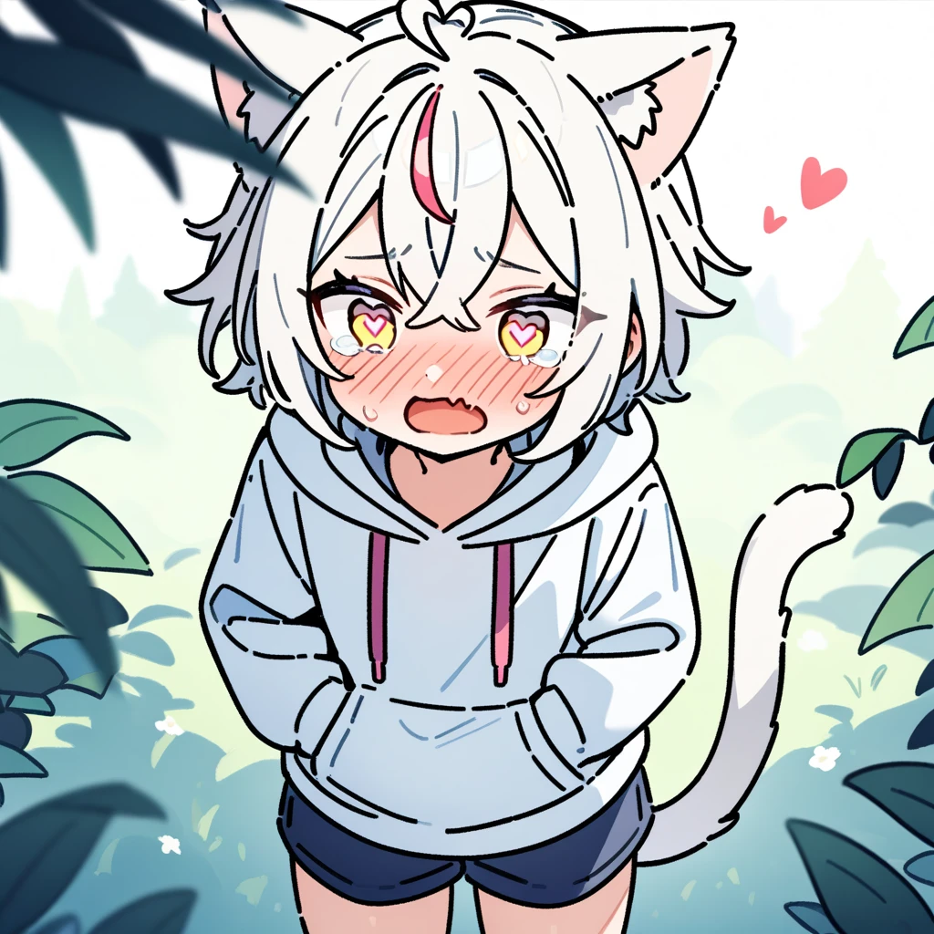 (masterpiece:1.2,high quality),8K,High resolution,A seven-year-old boy,cute boy,white hair,streaked hair,short hair,crossed bangs,light yellow eyes,((heart-shaped pupils)),heart-shaped eyes,heart ahoge,cat ears,full-face blush,tears,skin fang,Halation,Wearing a white hoodie,Dark blue shorts,Stand in the forest,There are flowering trees on both sides.,primary school student,thigh,alone,cat tail,(Put your hands in your pockets)