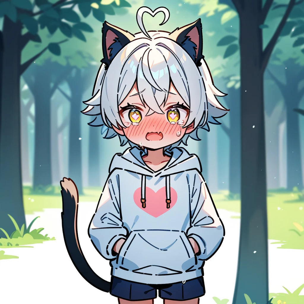 （masterpiece：1.2，high quality），8K，High resolution，A seven-year-old boy，cute boy，white hair，streaked hair，short hair，crossed bangs，light yellow eyes，（（heart-shaped pupils）），heart-shaped eyes，heart ahoge，cat ears，full-face blush，tears，skin fang，Halation，Wearing a white hoodie，Dark blue shorts，Stand in the forest，There are flowering trees on both sides.，primary school student，thigh，alone，cat tail，（Put your hands in your pockets）