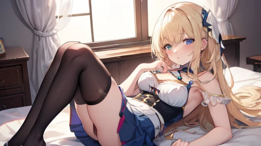 floor、mini skirt,Clothes with intricate details,Bright,Swimsuit,one person,blond,Sexy、Deep sleep、long hair、Stockings