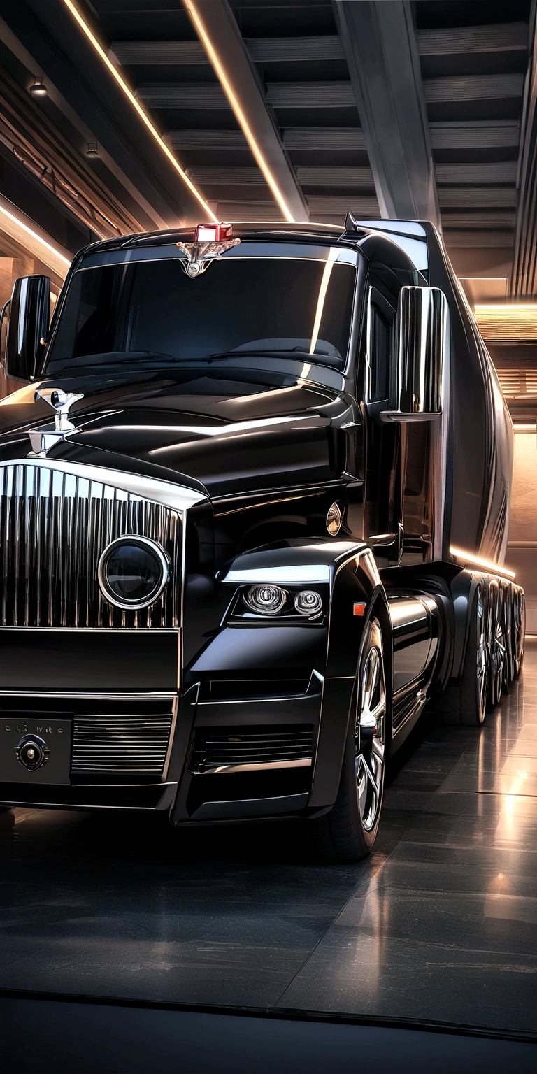 (ultra detali,high resolution,work of art:1.2),hdr,ultra HD,extremely detailed luxury semi-truck with sleeper parked in a landscaped background,average:realisitic, Detailed rendering of a 2023 Rolls Royce Ghost semi-truck with gloss black exterior,shiny chrome details, and big, imposing wheels,proffesional,Portrait view of the truck showing its curves and elegant lines,bright coloured,Sharp focus on the intricate details of the truck's front grille,Headlights,and logo,photorealisitic image of the truck's luxuriously appointed sleeper cabin,including luxurious leather seats,wood accents,and cutting-edge technology,conceptual artist's interpretation of the truck's interior, Floor to ceiling windows, and panoramic roof,bokeh lighting effect highlighting the truck's majestic presence and enhancing its overall appeal,studio lighting emphasizing the truck's sophisticated finish and creating a captivating ambiance,exquisite attention to detail in capturing the truck's unique characteristics, como a icônica estatueta Rolls Royce Spirit of Ecstasy, and the elegant Spirit of Ecstasy illuminated grille ornament,meticulously rendered street scene,reflecting the opulence and exclusivity of the truck,composition inspired by photography, capturing the truck from an artistic angle,highlighting its grandeur and conveying a feeling of power and sophistication.