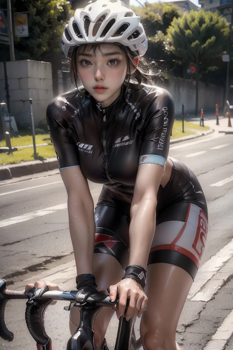 ((masterpiece, highest quality, Highest image quality, High resolution, photorealistic, Raw photo, 8K)), Olympic cyclist, wearing racing clothes and helmet, wet body, leaning forward, sweat splashing and glistening, spectator stands and lights in background,