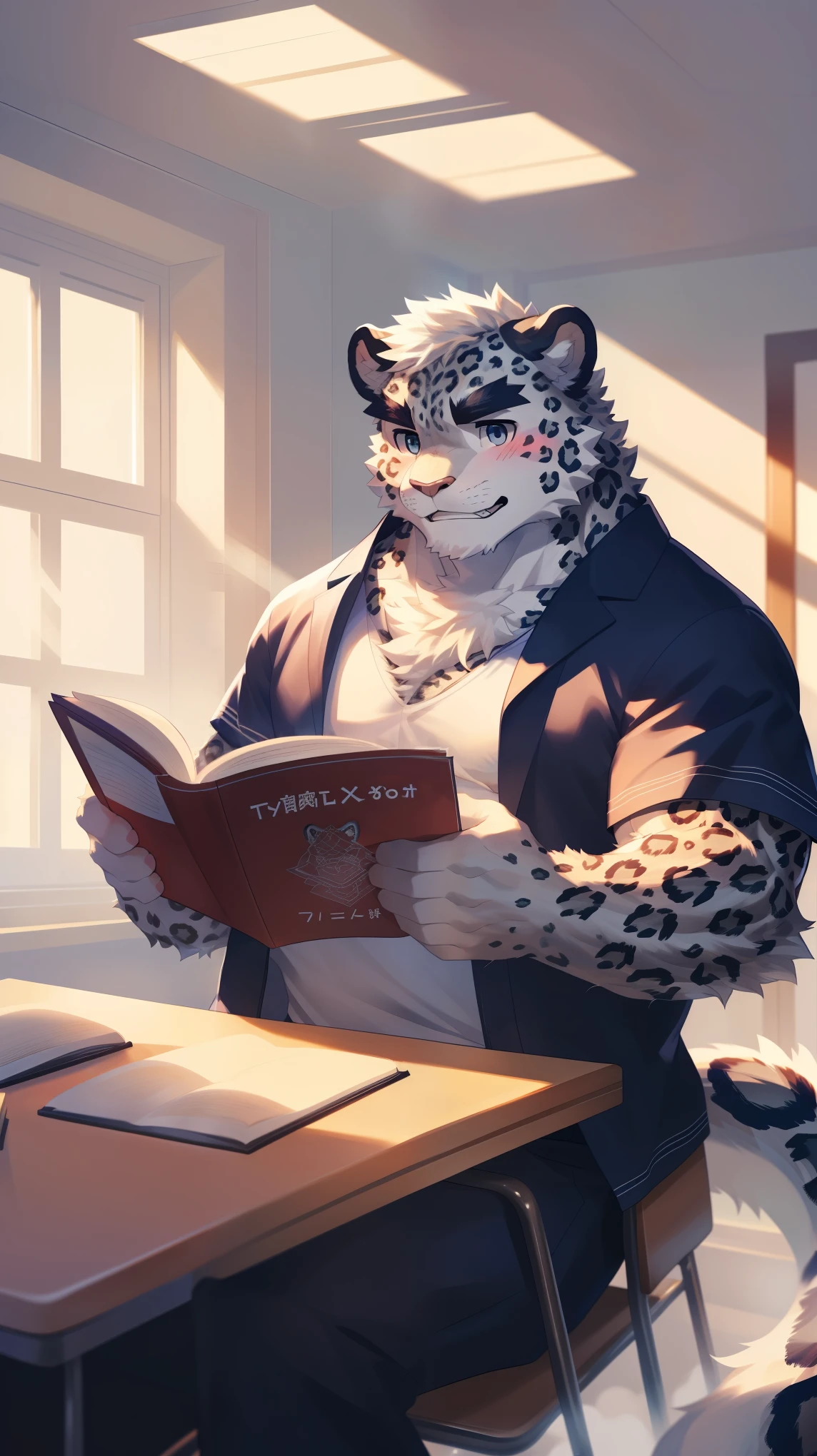 (Vision:1.5), solitary, anthropology, hairy, hairy male, snow leopard, ((Fluffy fur, Fluffy, hairy body)), (snow leopard print), (Thick eyebrows), youth, muscular, Blue-gray pupils, Detailed teeth, defaced face, fundos, student, 灰紫色student, Glasses, In classrooms, Reading, sideways, Serious expression, blush, (Dynamic poses:1.5), Clear facial features, Strong, majestic, alone, panoramic, Fog atmosphere, early morning, Tyndall light effect, In classrooms, Sunlight through the window(By Empty Ghost, From snow leopard20, masterpiece, high quality, high resolution,8K)