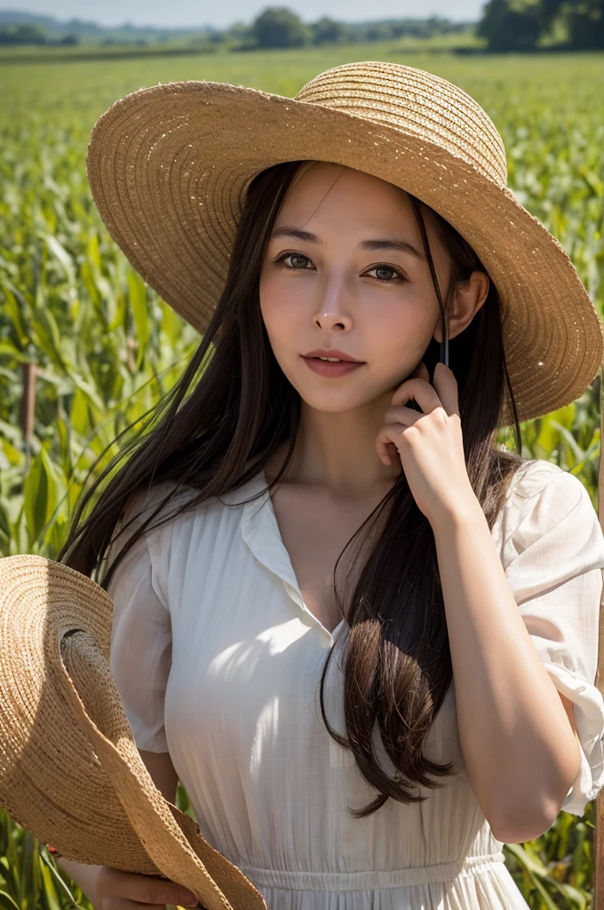 Musk in the fields,Covered in mud,Wearing a straw hat,Carry a hoe,Half sideways face,Look at the reader,Dull eyes