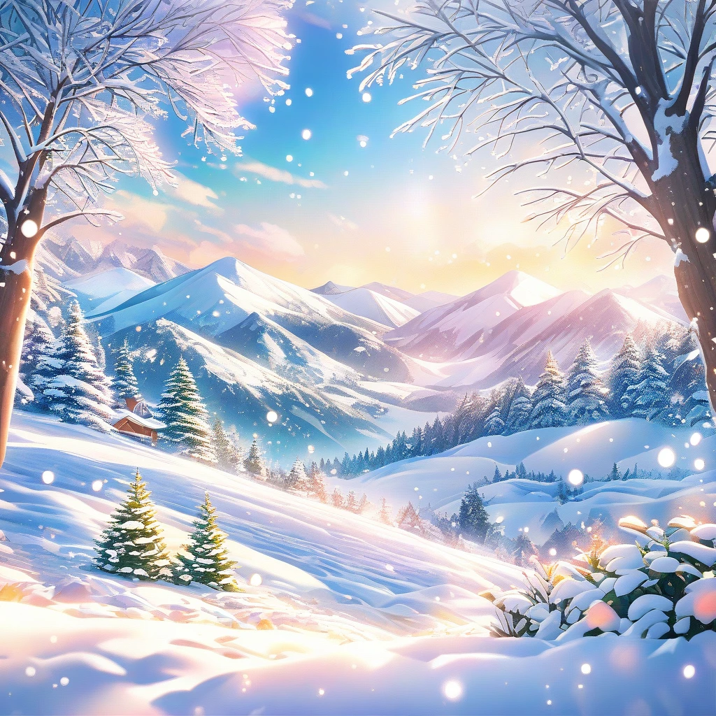 Snow Scene,snow,Mountains,plant(((Romantic atmosphere)))(((fairy tale elements)))(((masterpiece))), ((best quality))