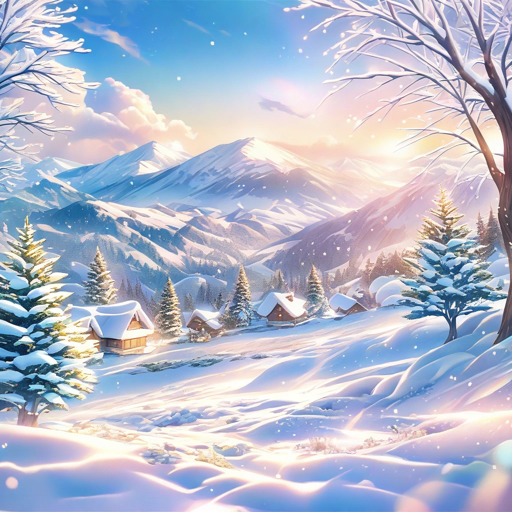 Snow Scene，snow，Mountains，plant（（（Romantic atmosphere）））（（（fairy tale elements）））（（（masterpiece）））， （（best quality））