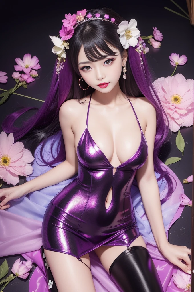 sexy Japanese model who controls poison、beautiful smile、lipgloss、bold lipstick、intense makeup、look at the camera、full body Esbian、、sparkling poisoned flower costume、、、、sparkling Colorful hair、secrete poison、skull hair accessories、sexy tights、shiny sparkling flowers background