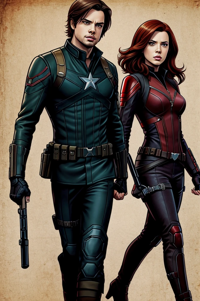 Natasha Romanoff and Bucky Barnes with a renacentist art style
