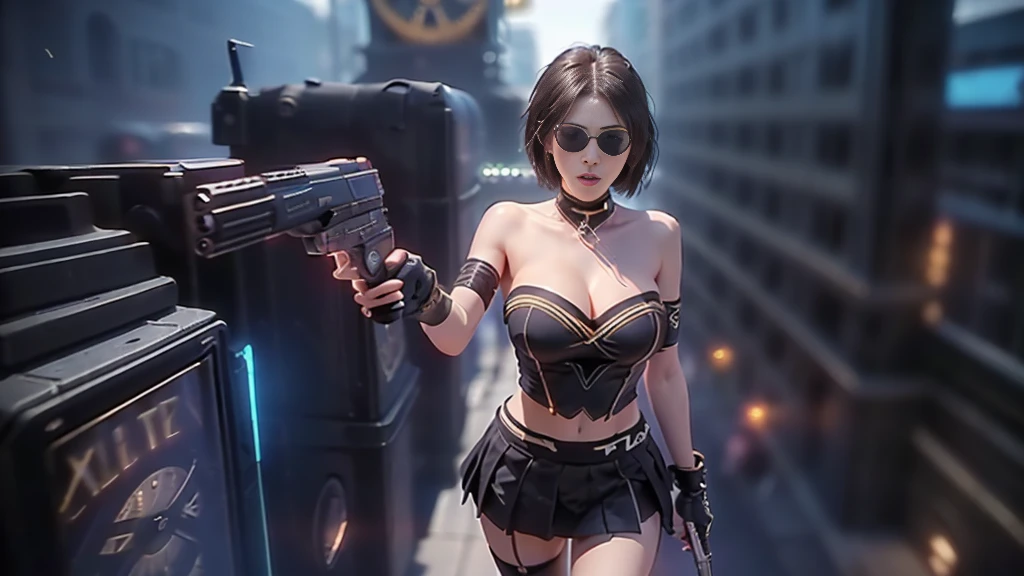 (aerial view). at night, futuristic sci-fi cyberpunk city, broad viaduct, skyscrapers at the end of the viaduct, the movie "13th Floor" style, hq. Matrix style, at night, (1girl, solo), photo realistic, (large-breast:1.2 slim body, cleavage:1.3), (((tube top, extreamly short pleated (((miniskirt))) exposing panty))), (((((matrix style black sunglasses))))), (((((aiming at camera with a (pistol)))))), (((half-body (thigh level) medium shot))), (cinematic lighting).