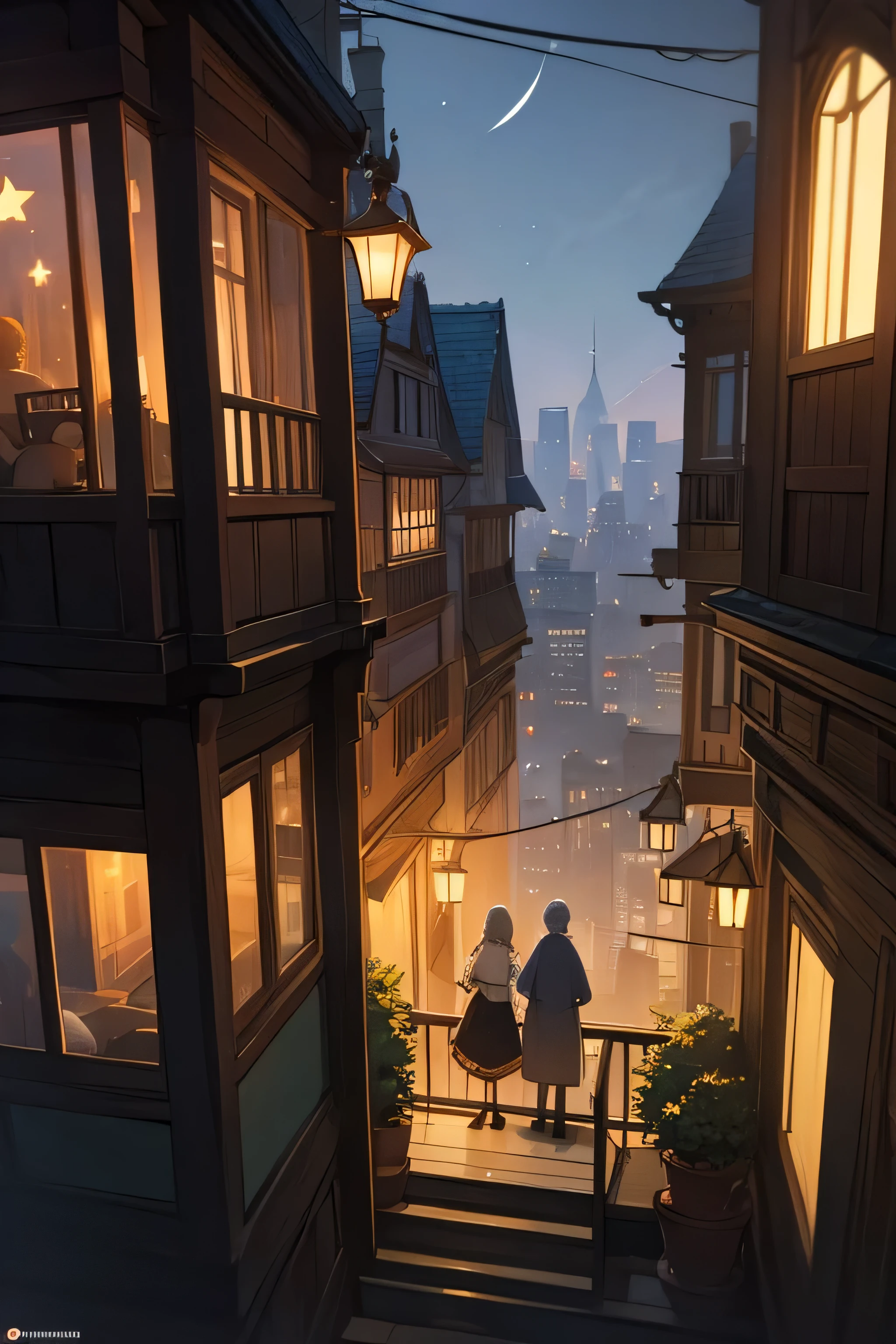 serene urban evening scenes featuring traditional houses with glowing windows, modern skyscrapers in the background, and characters enjoying the view from balconies. Expect clear night skies dotted with stars, ambient street lights casting a warm glow, and perhaps some pets accompanying the characters.