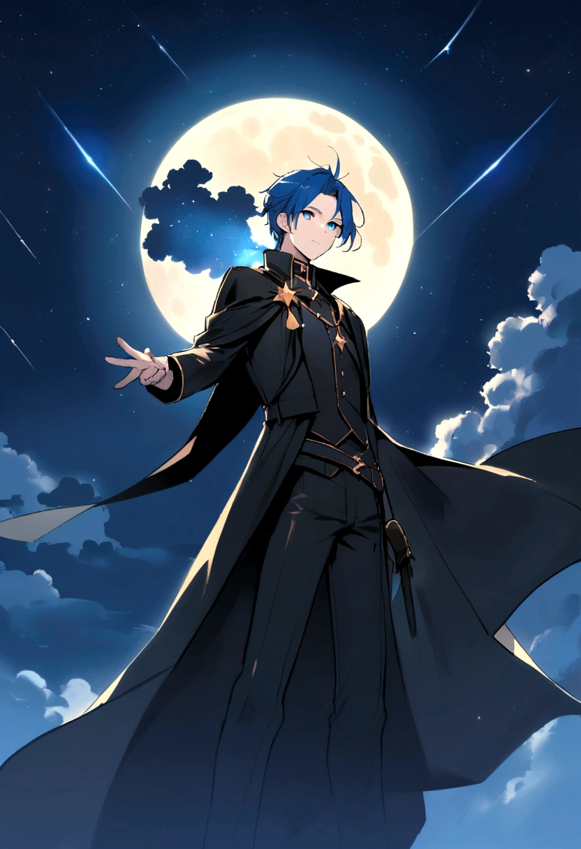 boy,sword,Black clothes,Blue Hair,Blue eyes,Black Cape,moon,shooting star,