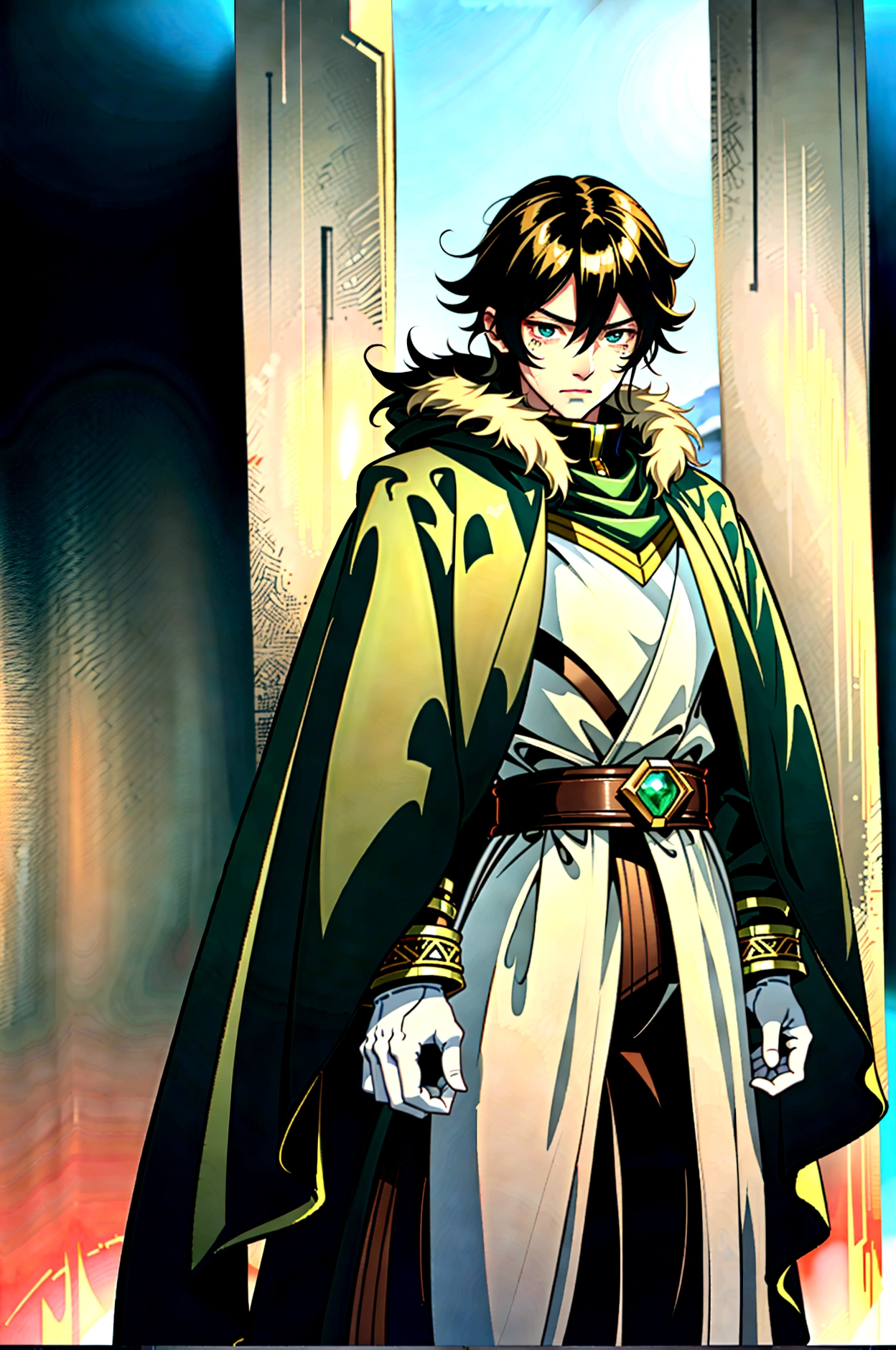 yuichiro hyakuya, expressive eyes, 1 boy, black hair, green eyes, brown coat, gray armor, green shield, green cloak, dark brown gloves, town, fur trim, anime, standing, good quality, portrait, looking at viewer