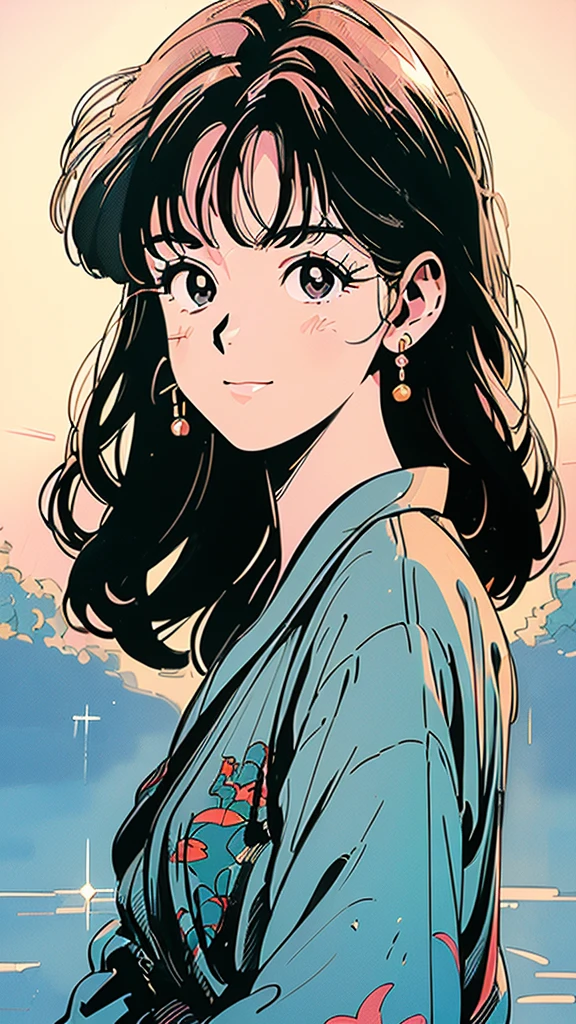 An absurd solution, High resolution, (masterpiece: 1.4), Very detailed, (((Detailed face, Detailed Expression)), Festivals, backgroundは屋台, yukata, Japan, smile, the 90s, Kyoto Animation, Kyoto Animation atmosphere, Sparkling, shine,City Pop,background