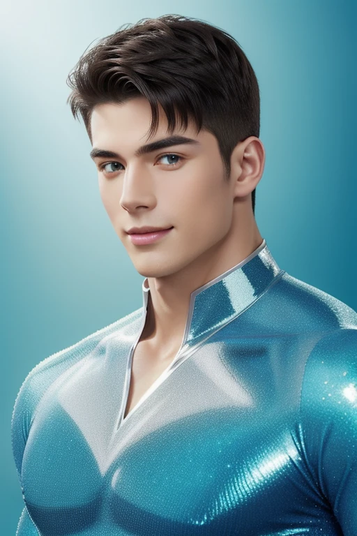 quarter body photorealistic ultra realism high definition aesthetic stabilized diffusion picture of handsome hunky fractal clean shaven Sailor Warrior, in cyan quartz transparent sparkling shiny crystal glass chrome filigree outfit,,look at camera, detailed facial parts,, studio as background, Freestyle Pose, Happy Expression, perfect anatomy, symmetric body,, 18 years old, high detail, a lean athletic body, realistic, human skin, extremely detailed fingers, chad chin,, masculine, human skin, (eyes contact), gorgeous, Attractiveness