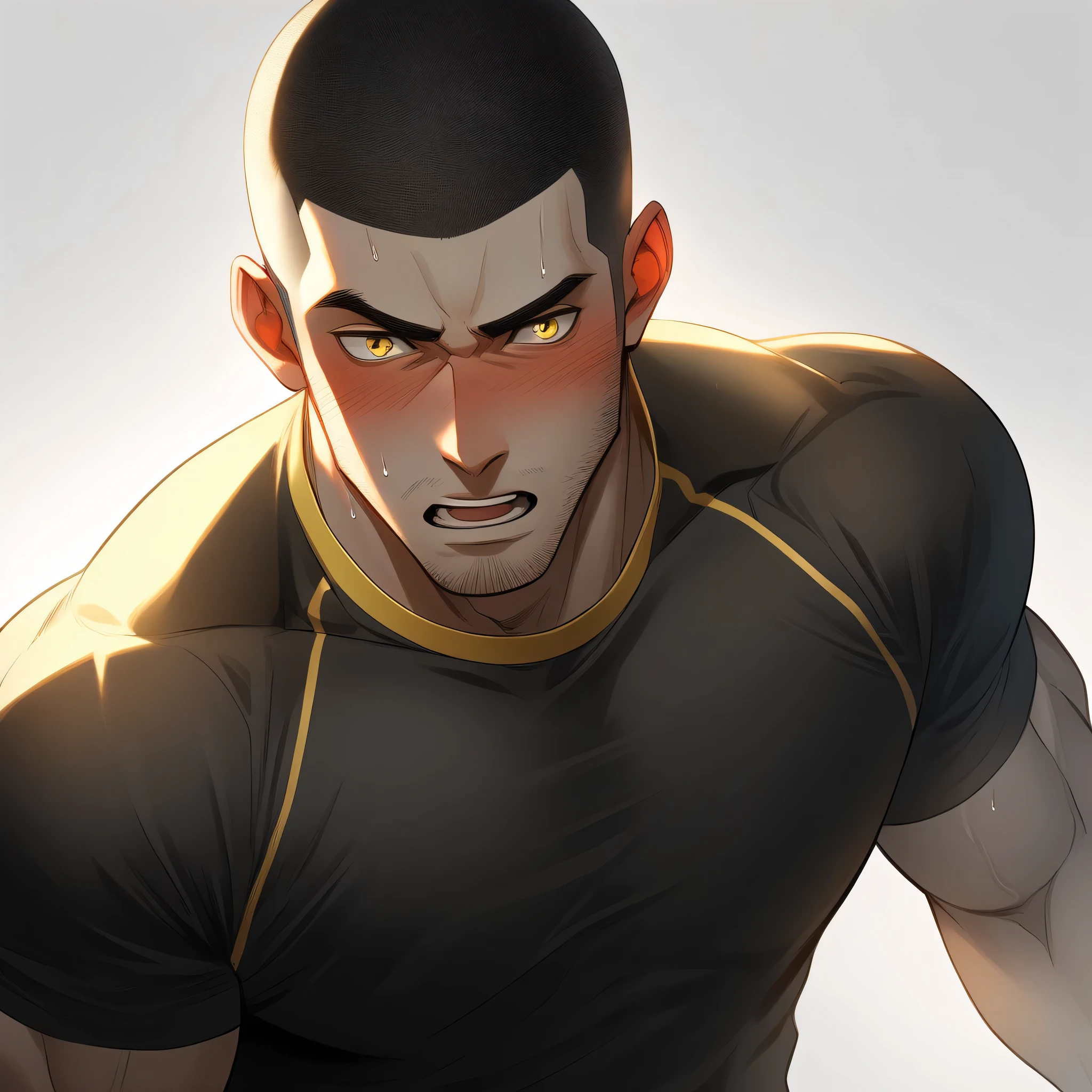 1muscular sportsman, Athlete,male focus, Buzz Cut, Yellow and black tight T-shirt, one ,Very tight, muscular male, muscular, only, Upper body, alone, look to the side, short hair, stubble, sweat, black hair, Yellow eyes, open lips, White background, simple background, amazing quality, best aesthetics, Ridiculous, crew cut, moaning, blush, clair obscur, cinematic lighting, best quality, textured skin