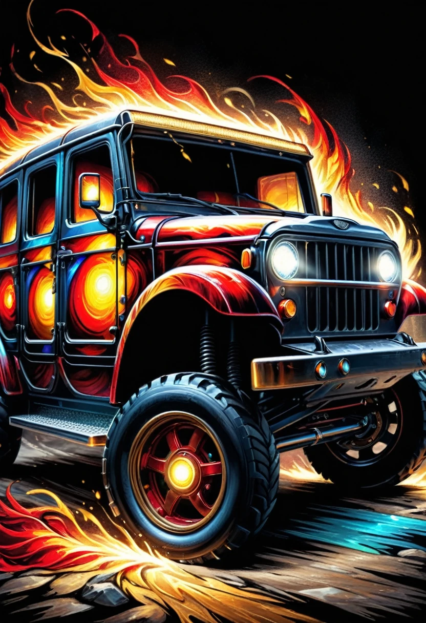 Transport DonMF1r33l3XL, stained glass, cargo area light, Off-road bumpers, Seasoned Iron (wheel of time), dynamic, velvety plush, ,