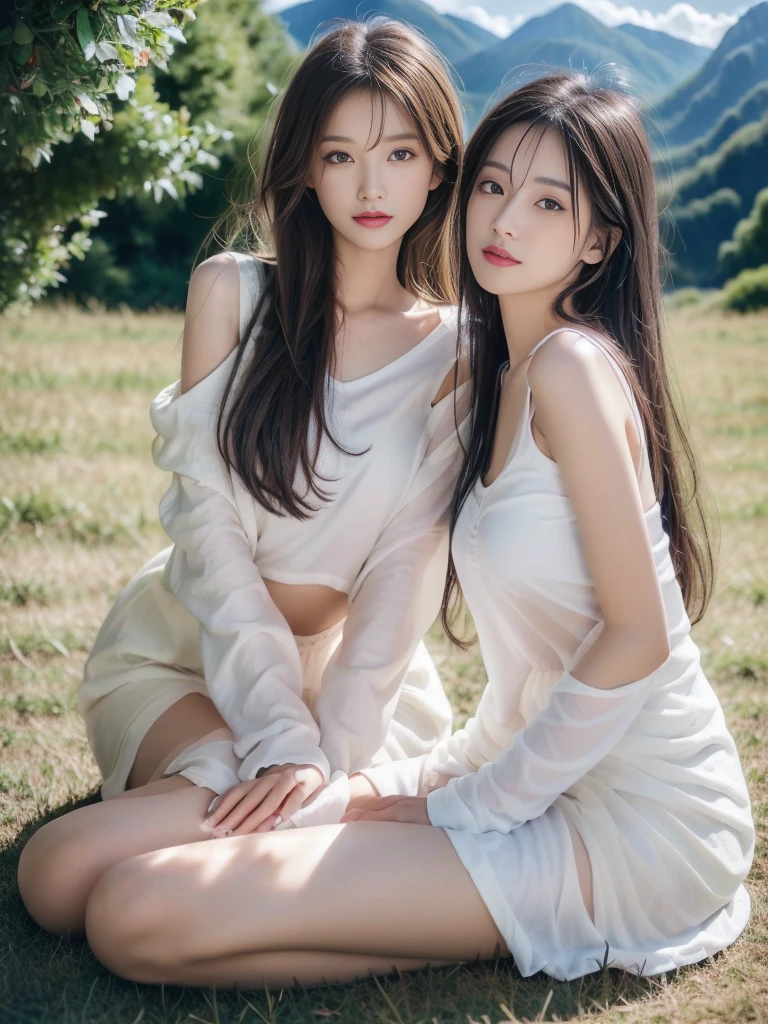 ((best quality, 8k, masterpiece:1.3)), a beautiful girl, pure, melon face, gentle and cute, thin figure, (frontal), (tilted head), looking directly into the camera, [detached sleeves::0], [collared shirt::0], [capri pants::0], black silky long straight hair, long hair flowing over the shoulders, round black big eyes, clear big eyes, moist red lips, sweet smile, sitting, hands on knees, Blue sky and white clouds, sunshine, grassland, mountain peaks, northern view of Tibetan grassland