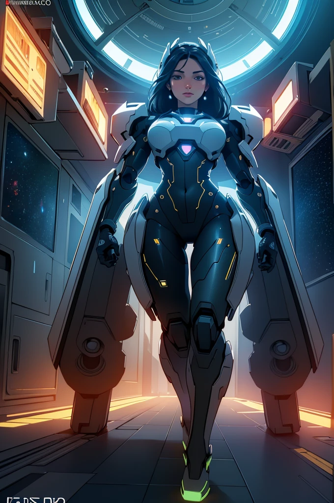 (ultra quality, 4k, 8k, high resolution, masterpiece: 1.2), ultra detailed, (realistic, photorealistic, photorealistic: 1.37) a young sexy and beautiful robot on a space station, 8k, ultra detailed, photorealistic, highly detailed, volumetric lighting, extremely detailed face and eyes, long eyelashes, upturned nose, full body, sexy, intricate details, concept art, vibrant colors, cinematic lighting, spectacular lighting, science fiction, futuristic, advanced technology, elegant design, seamless integration, meticulously crafted, masterpiece