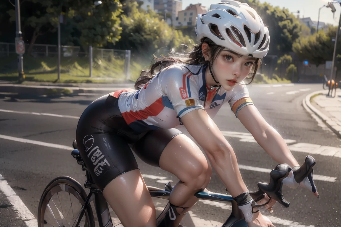 ((masterpiece, highest quality, Highest image quality, High resolution, photorealistic, Raw photo, 8K)), Olympic cyclist, wearing racing clothes and helmet, wet body, leaning forward, sweat splashing and glistening, spectator stands and lights in background,