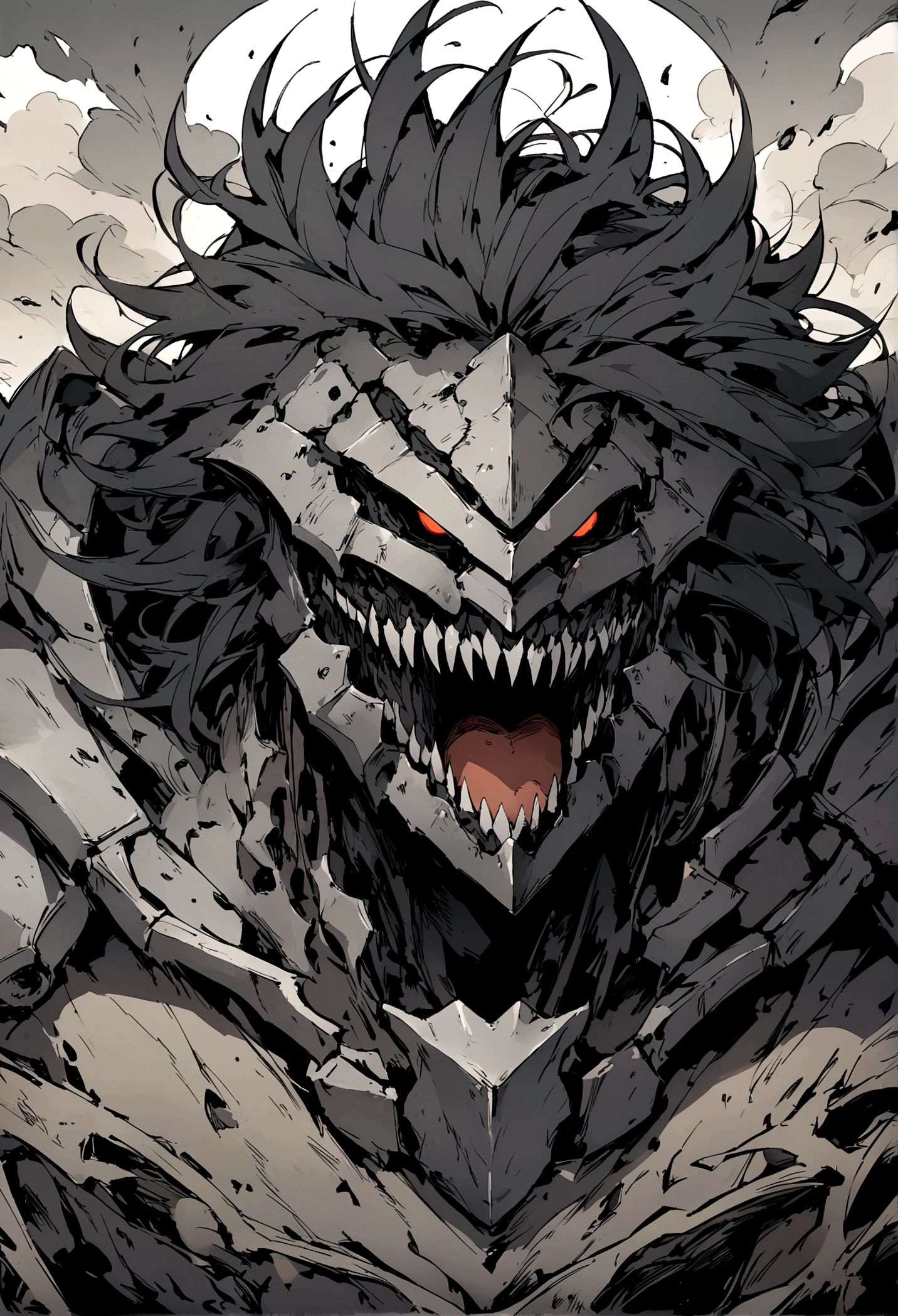 Anime drawing style of a boy with long messy black hair., with head and face of steel monster with a big mouth with sharp steel teeth without eyes, who wears gray armor with brown cloth