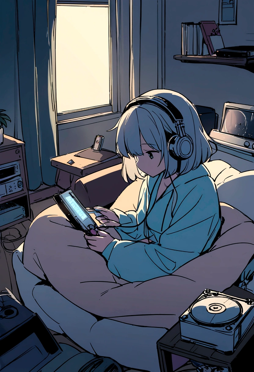 night、Girl listening to music in a cozy room, Using headphones,, Lo-Fi, hard disk, There is a slight light on, Makoto Shinkai style