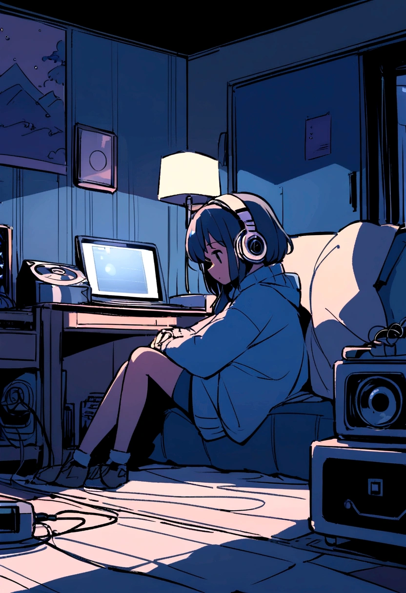 night、Girl listening to music in a cozy room, Using headphones,, Lo-Fi, hard disk, There is a slight light on, Makoto Shinkai style