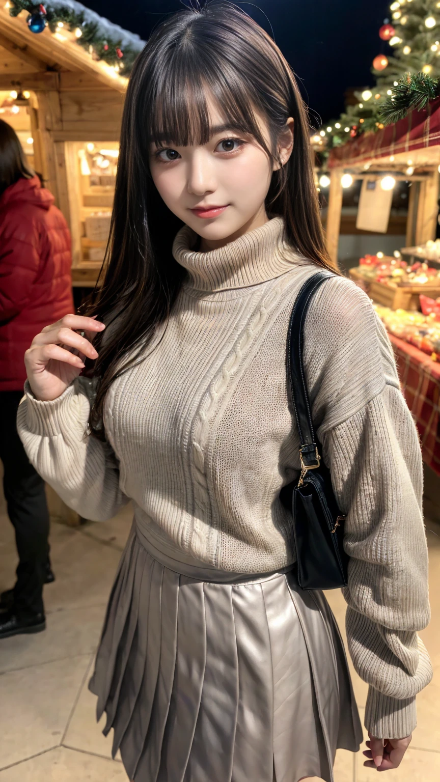 (8k,masterpiece, RAW photo,best quality:1.4),(photo realistic:1.2),(extremely detailed face),(shiny skin),(detailed skin),(detailed face),(extremely beautiful face),1girl,looking at viewer,Japanese idle(actress), brown hair,medium hair,straight hair,asymmetrical bangs,smile,glamor,large breasts, (Fleece jacket, turtleneck sweater, Pleated skirt:1.2), christmas market,high position,professional lighting