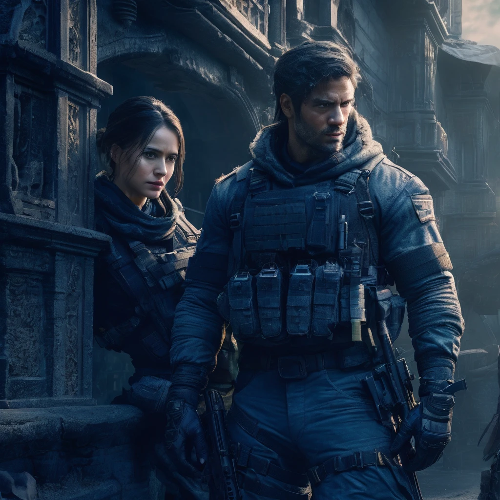A stunning 32K, UHD live action photorealistic portrait showcasing a woman and a muscular man, both wearing clean-faced, serious expressions. They appear to be surveying their surroundings in a dilapidated street. Clad in specialized military attire and equipped with gear reminiscent of Resident Evil, they stand amidst enigmatic, bengalured buildings. The image is captured from an aerial view, showcasing intricate details and vibrant colors, creating an atmosphere of suspense and mystery., vibrant, portrait photography