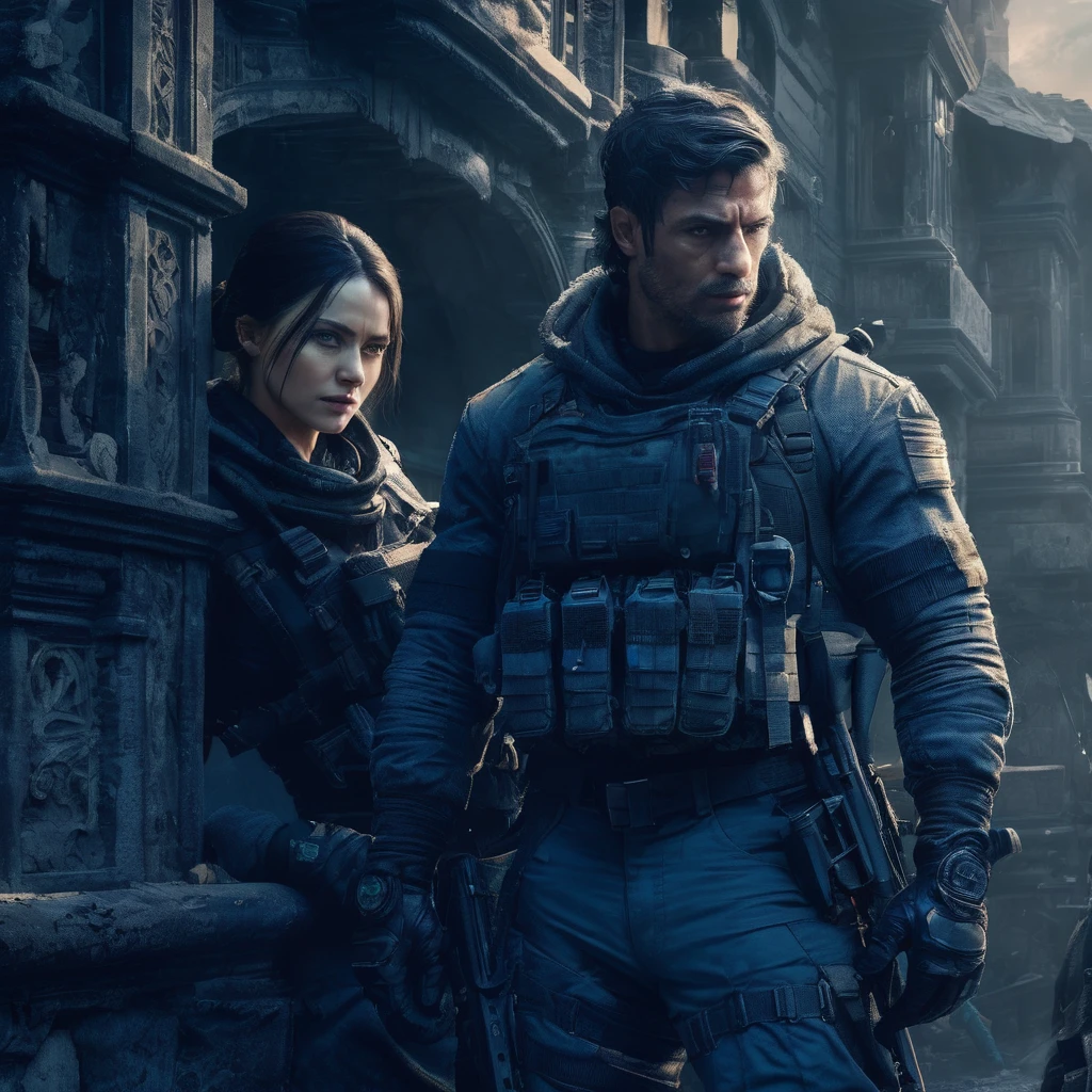 A stunning 32K, UHD live action photorealistic portrait showcasing a woman and a muscular man, both wearing clean-faced, serious expressions. They appear to be surveying their surroundings in a dilapidated street. Clad in specialized military attire and equipped with gear reminiscent of Resident Evil, they stand amidst enigmatic, bengalured buildings. The image is captured from an aerial view, showcasing intricate details and vibrant colors, creating an atmosphere of suspense and mystery., vibrant, portrait photography