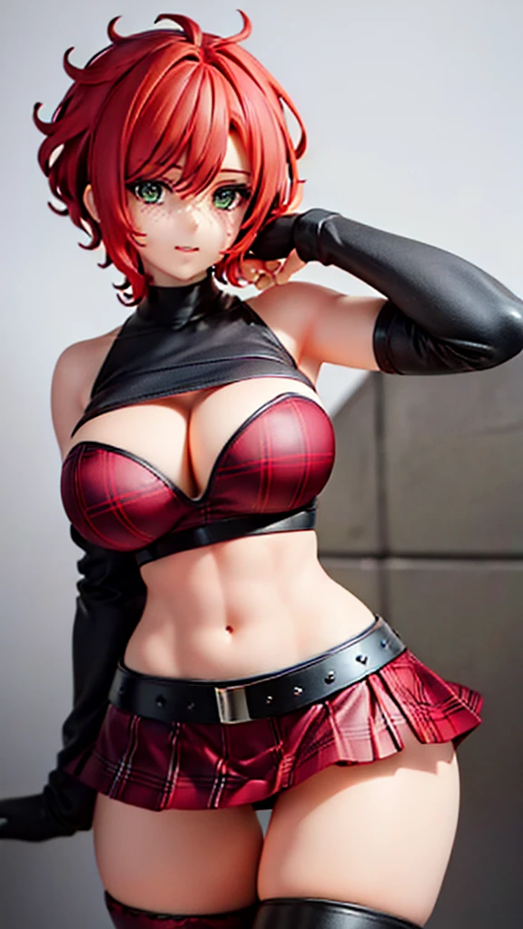 woman, curly red pixie cut hair, green eyes, wearing crop top black shirt, red plaid skirt, (black knee high boots), black fingerless gloves, jacket, exposed shoulders, thick thighs, (full body), large breasts, freckles, cleavage, abs, looking at viewer, masterpiece, best quality