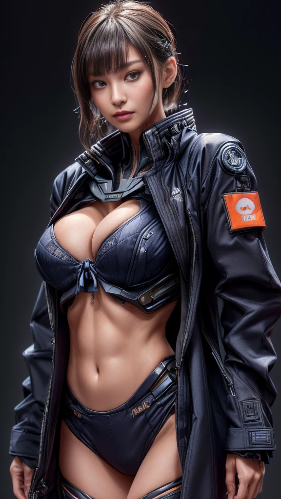 (nsfw:1.2）、Very beautiful woman、Slender women、(Detailed face)、Realistic Skin、((Delicate photo))，(Girl Masterpiece RAW Photo Details:1.25), (Highest quality:1.6), (Ultra-high resolution:1.5), (Realistic:1.75), 8K resolution, Canon EOS R5, 50mm, Absurd, Ultra-detailed,Cinema Lighting、One girl, 白hair,((hime_cut))、Smile、((Ultra Tie Navy Jacket Coat)), Chest Rig, cyber punk, ((Techwear)),I can see your abs、Bra Top、((((Big Breasts))))、((The abdomen is visible))、(((Ultra-delicate and futuristic design)))、Biting into the crotch、((logo))、((Text on clothing))