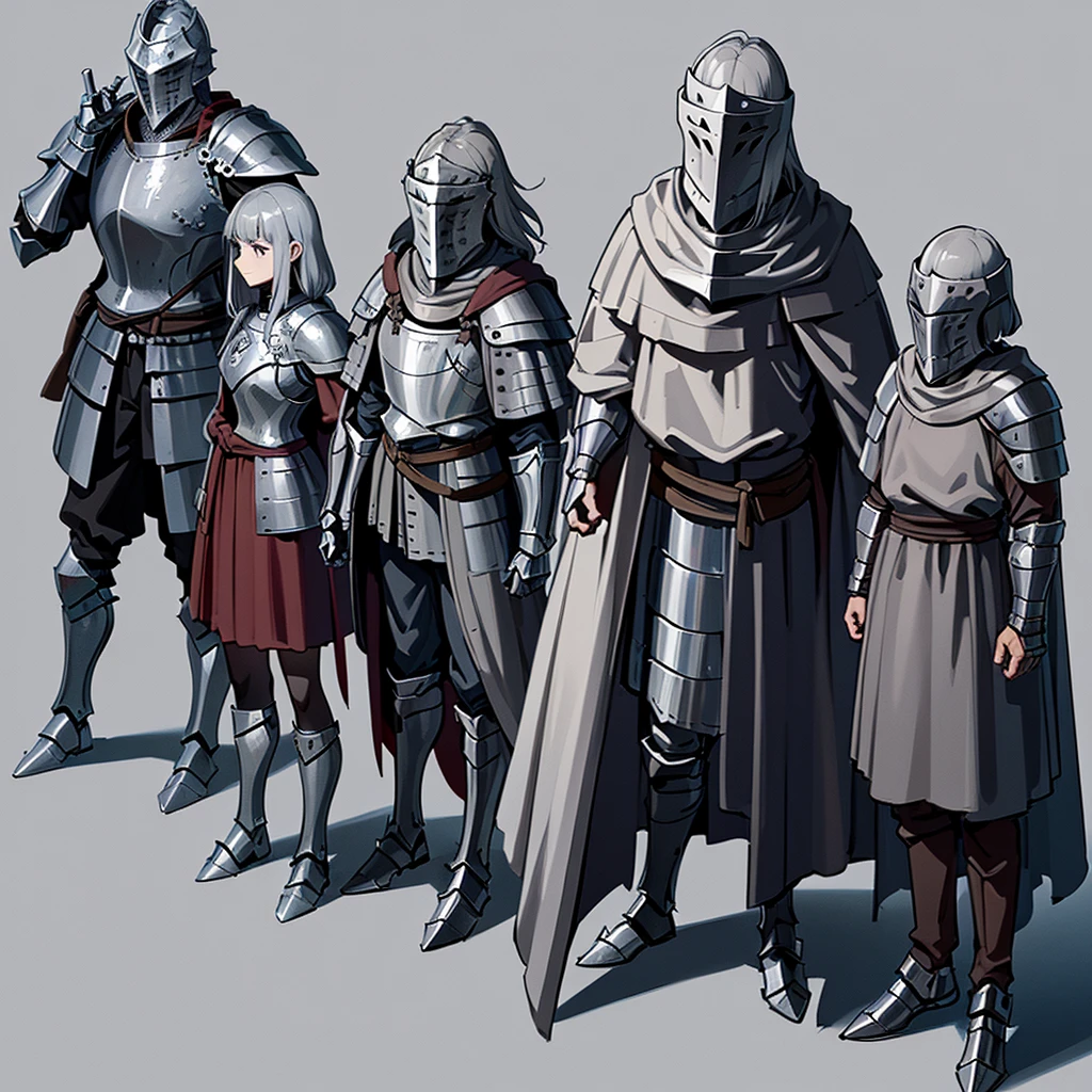 Best illustrations、Best Quality、(Full body character concept、detailed)、(Iron Mask、Iron Helmet、pocket)、(((Medieval Knight、Simple grey armor、male、Age 25)))、(((Get Ready)))、(Medieval Knightが10人)、(From above at an angle)