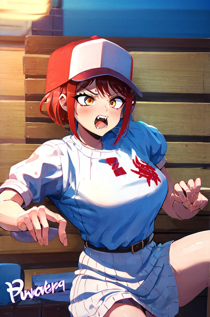 a trucker princess, wears a dress and a baseball cap, has an angry expression